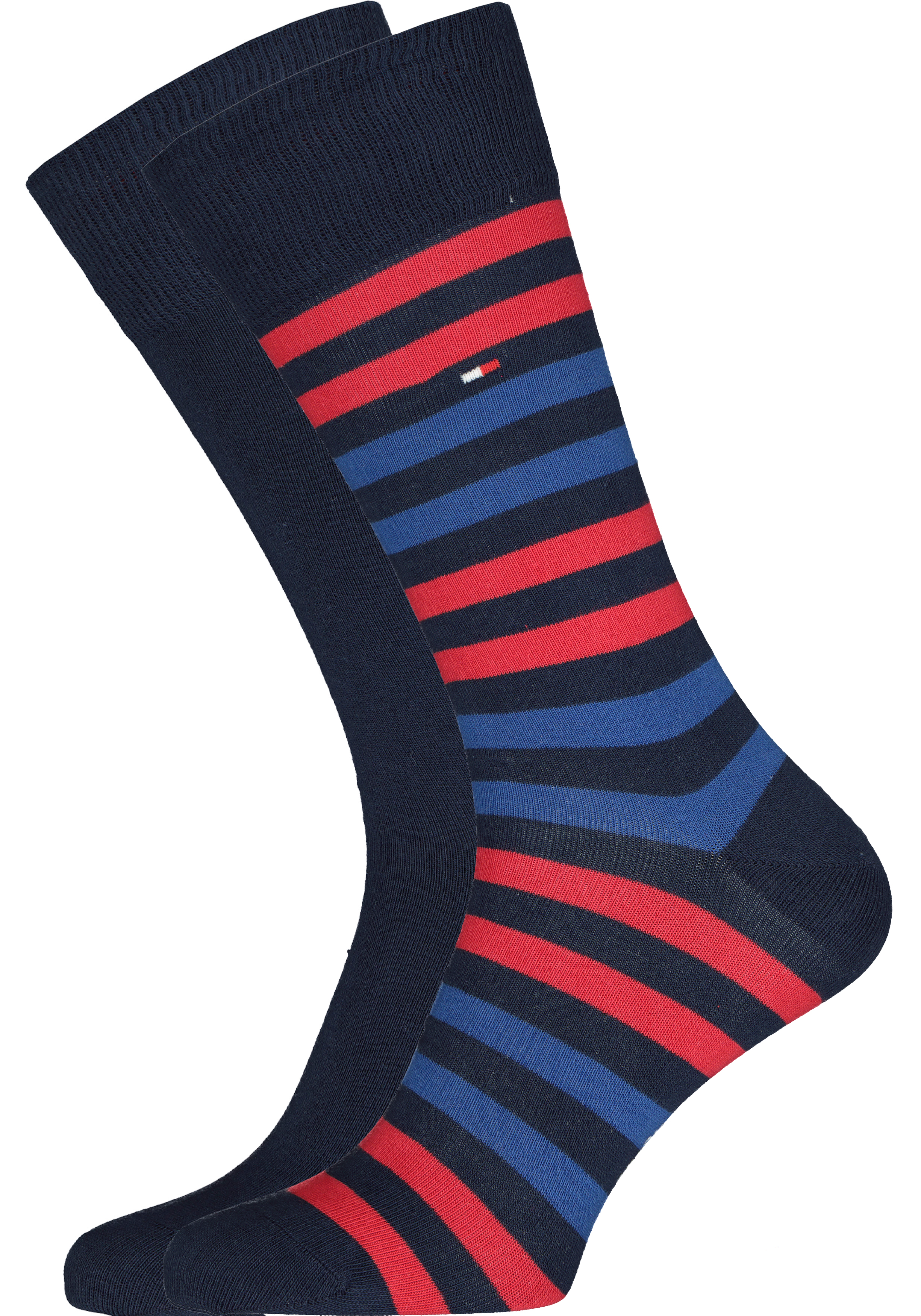 Tommy Hilfiger Duo Stripe Socks (2-pack), herensokken katoen, gestreept en uni, blauw en rood