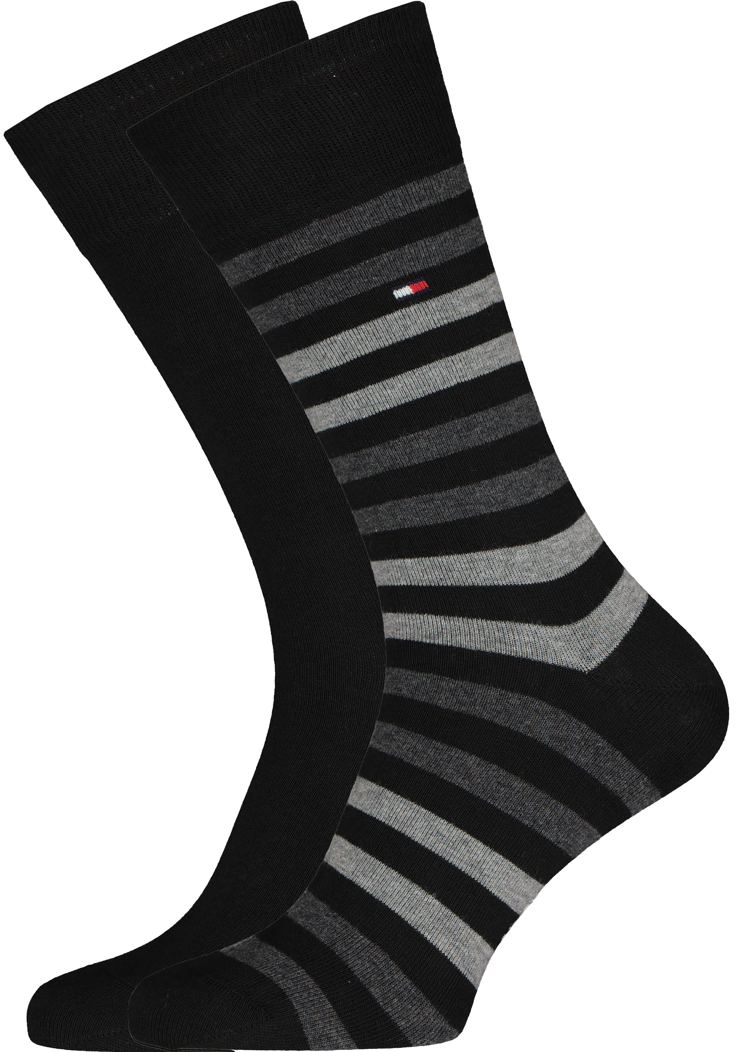 Tommy Hilfiger Duo Stripe Socks (2-pack), herensokken katoen, gestreept en uni, zwart met grijs