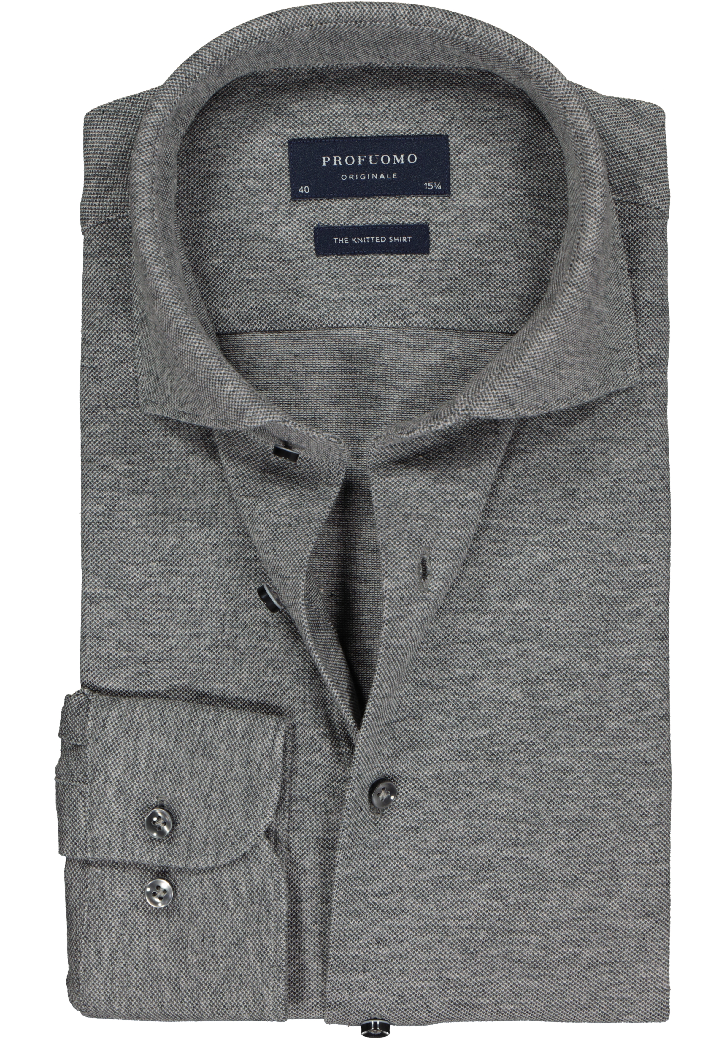 Profuomo Originale slim fit jersey overhemd, knitted shirt pique, antraciet grijs melange