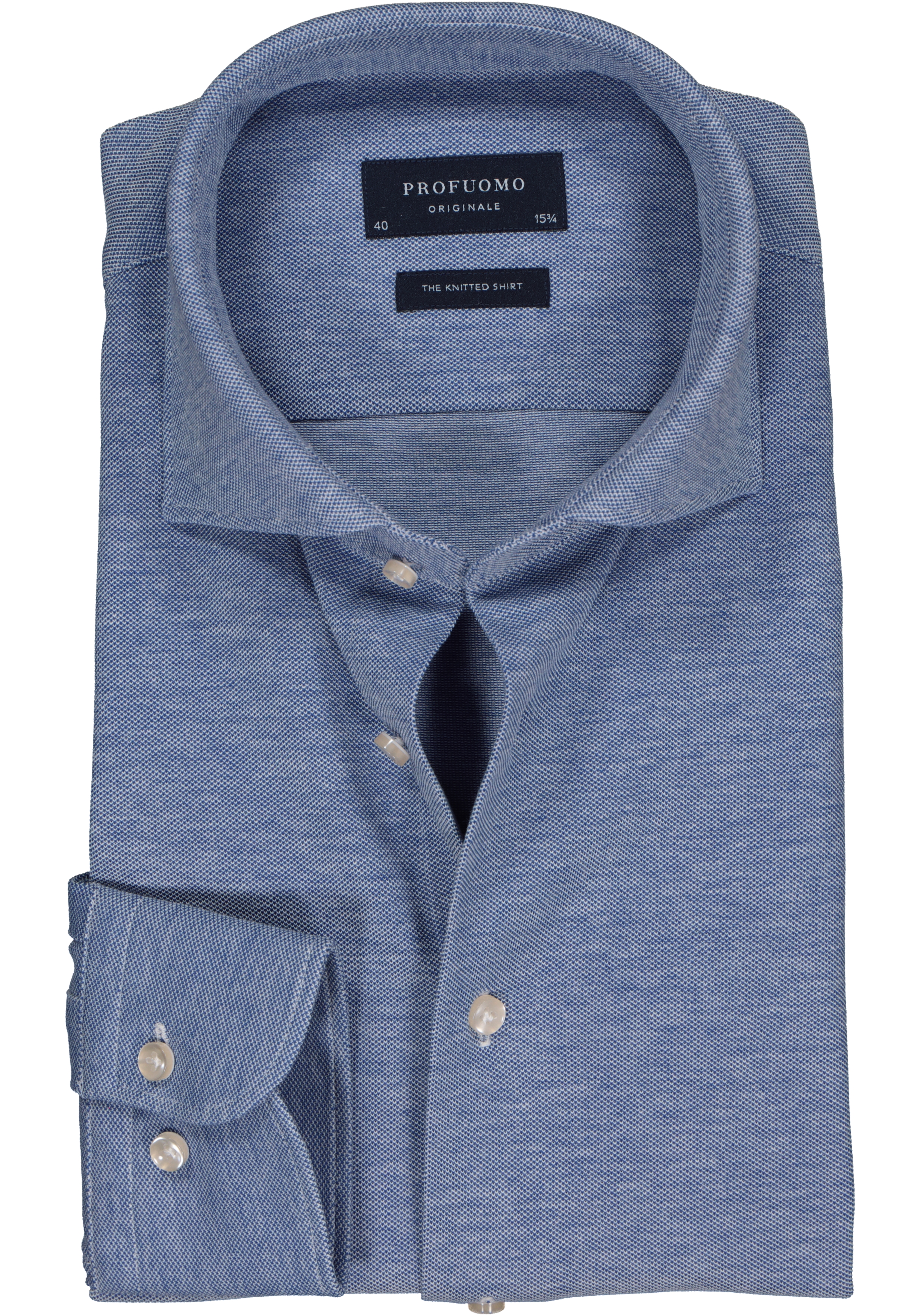 Profuomo Originale slim fit jersey overhemd, knitted shirt pique, blauw melange