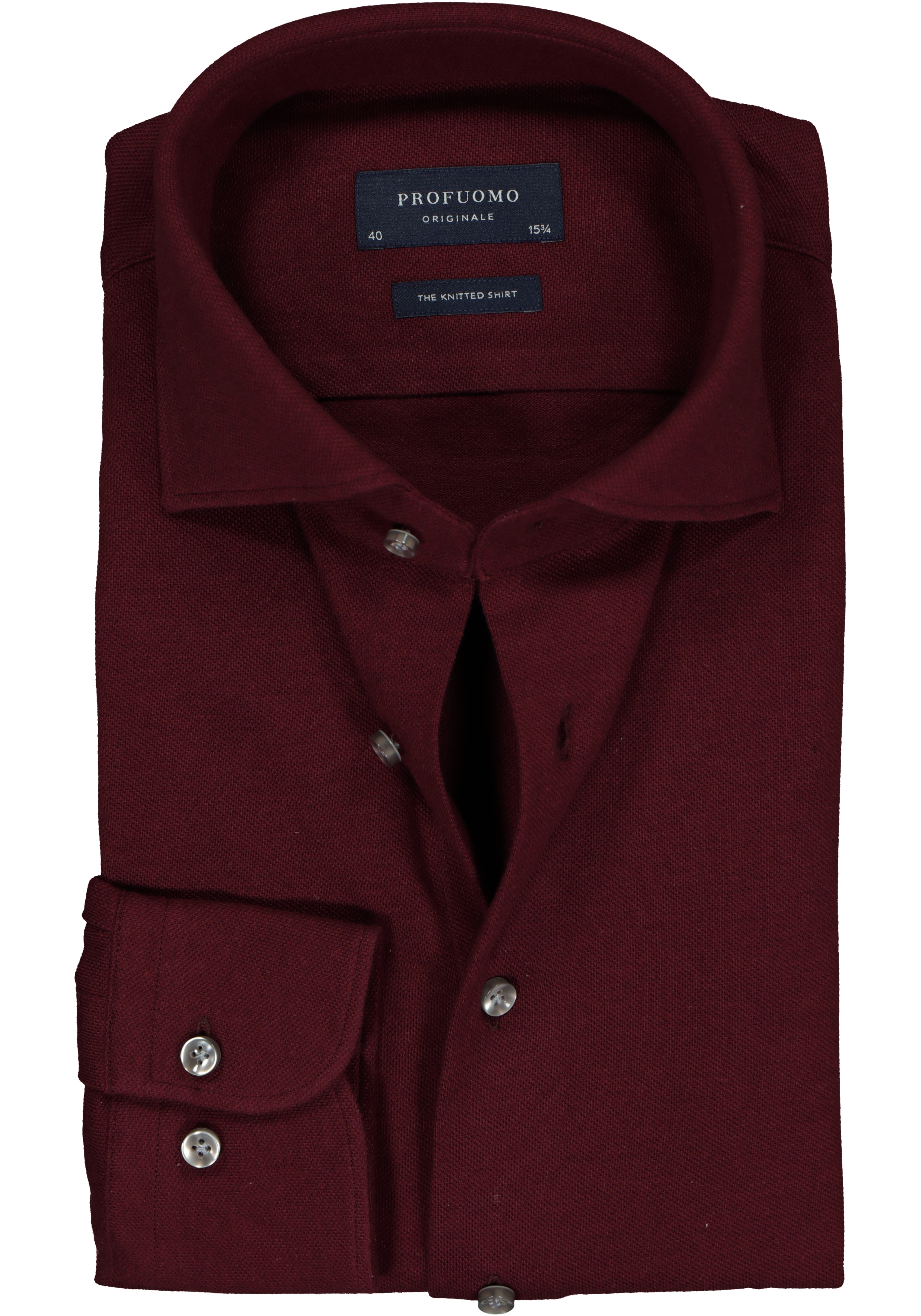 Profuomo Originale slim fit jersey overhemd, knitted shirt pique, bordeaux rood melange