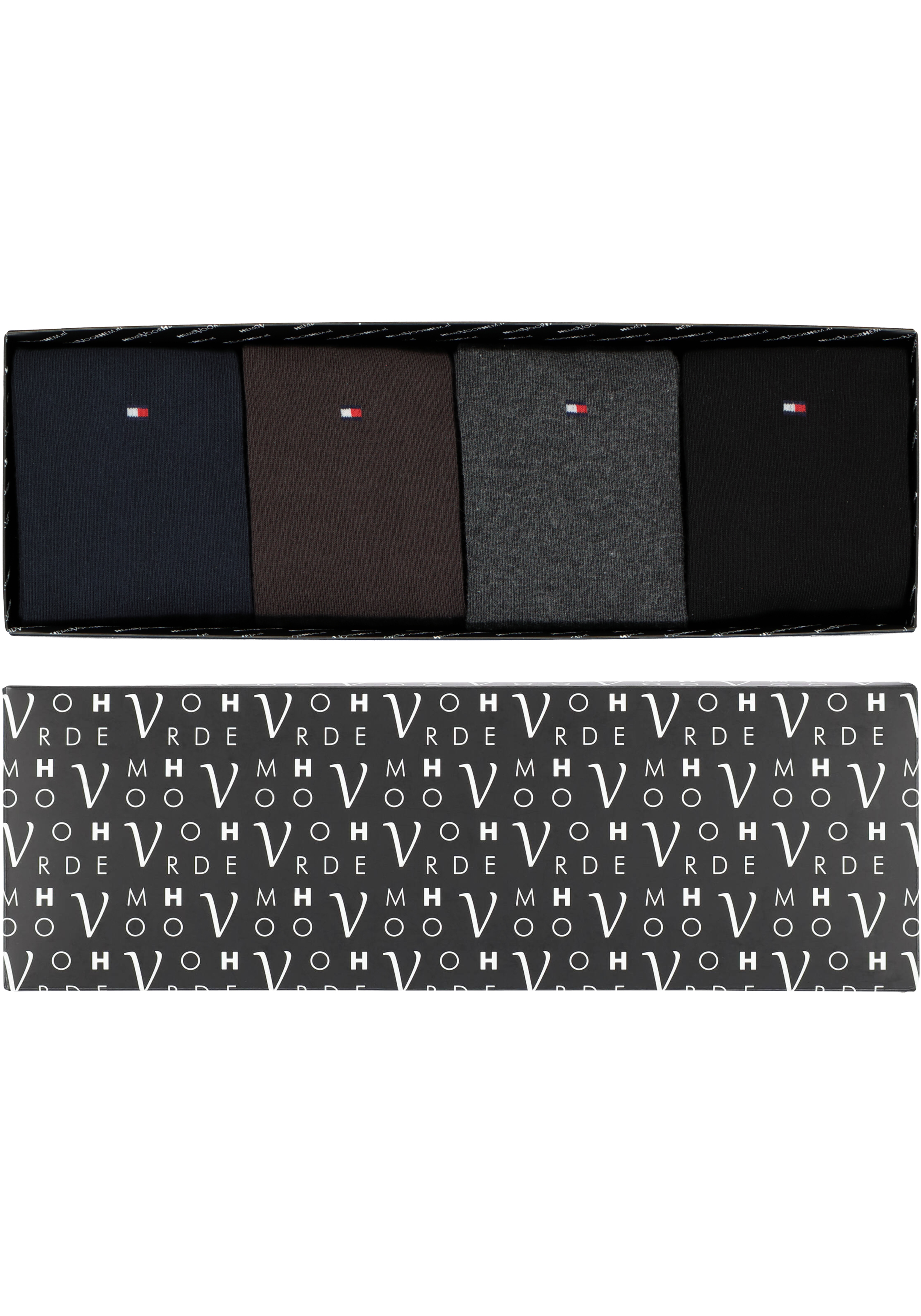Cadeaubox Tommy Basic Box; 8 paar Tommy Hilfiger sokken zwart, blauw, bruin en grijs