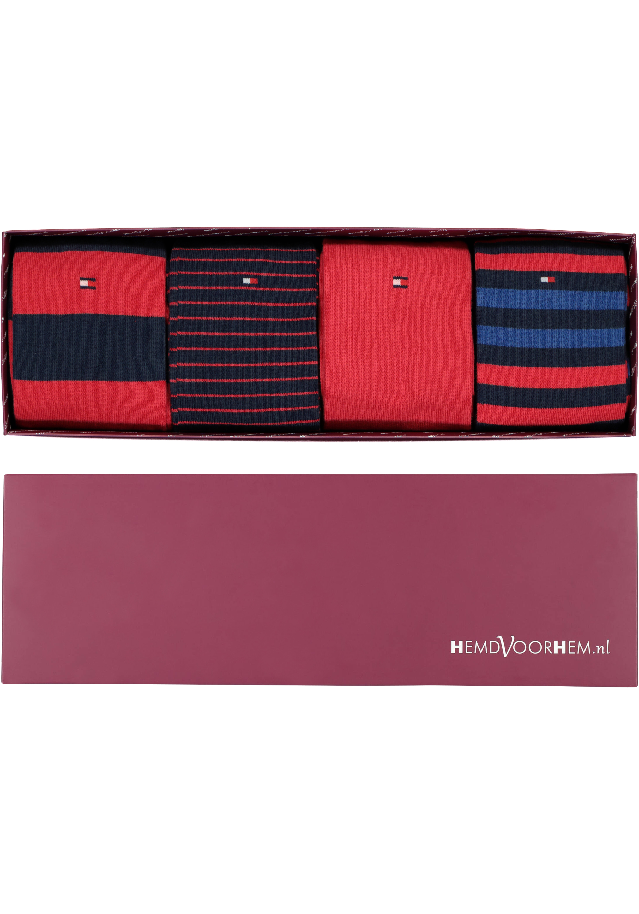 Cadeaubox Tommy With red you never feel blue Box; 8 paar Tommy Hilfiger sokken blauw en rood