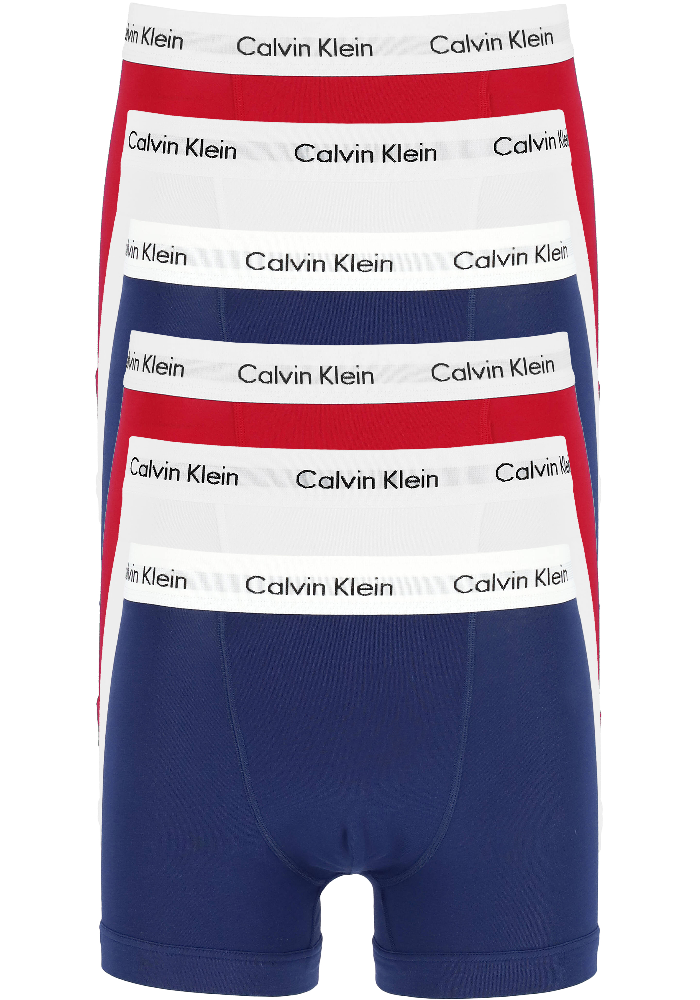 Actie 6-pack: Calvin Klein trunks, heren boxers normale lengte, rood, wit en blauw