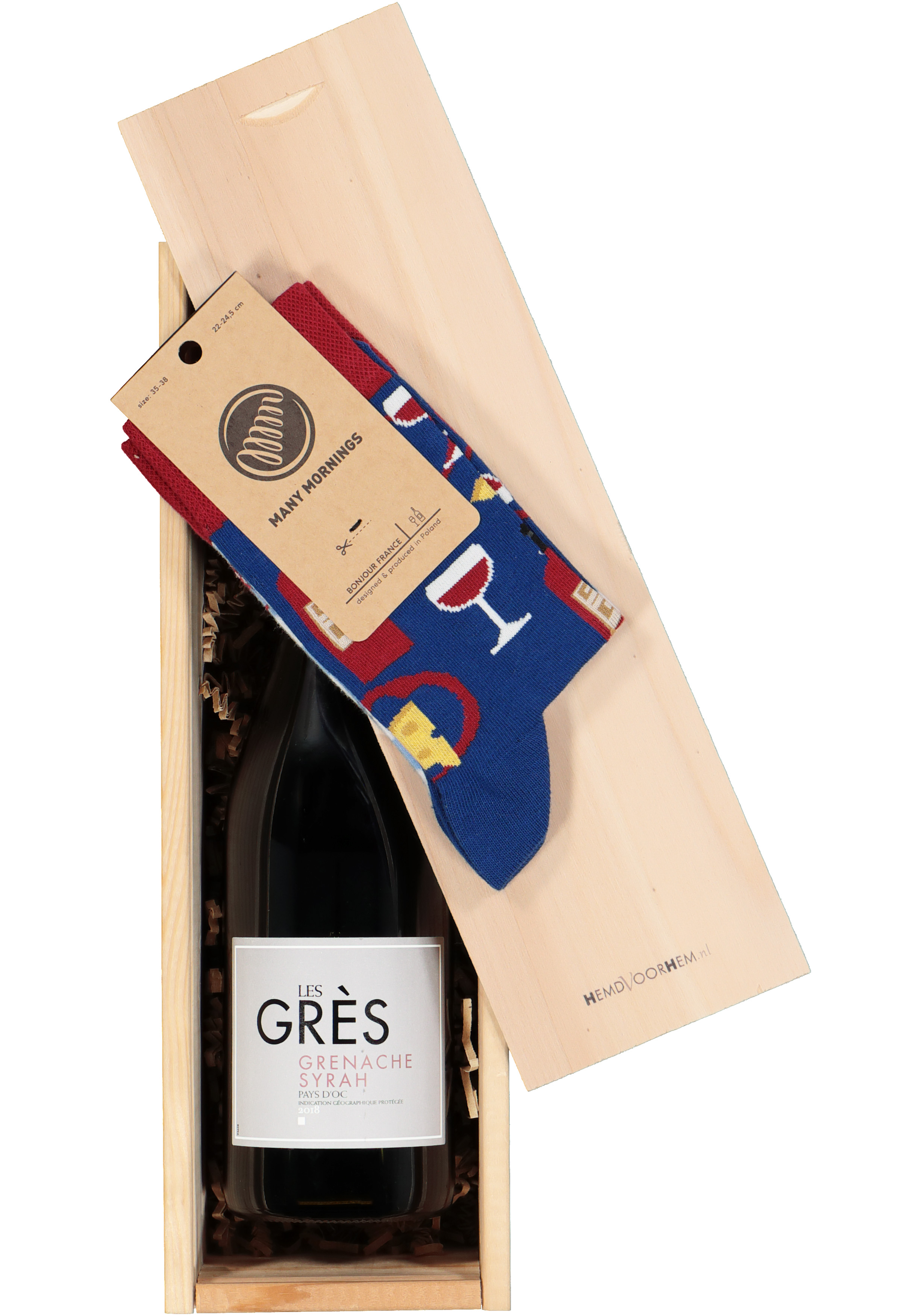 Heren en dames cadeaubox: rode wijn met Many Mornings Bonjour France Socks