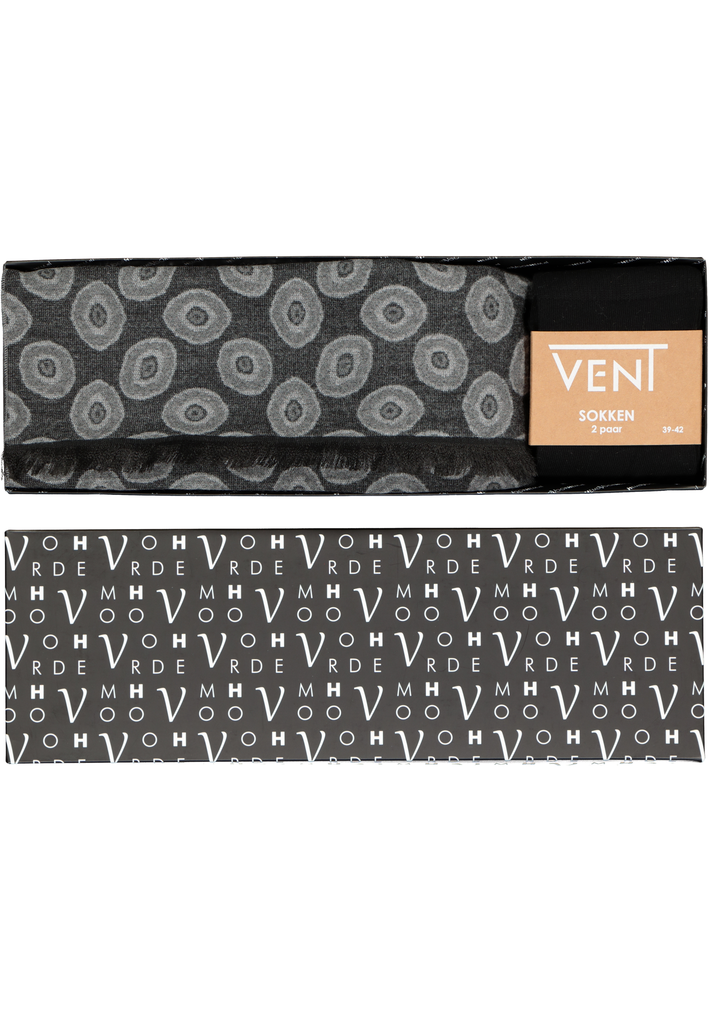 Heren cadeaubox: zwart met grijze dessin sjaal met zwarte VENT sokken (2-pack)