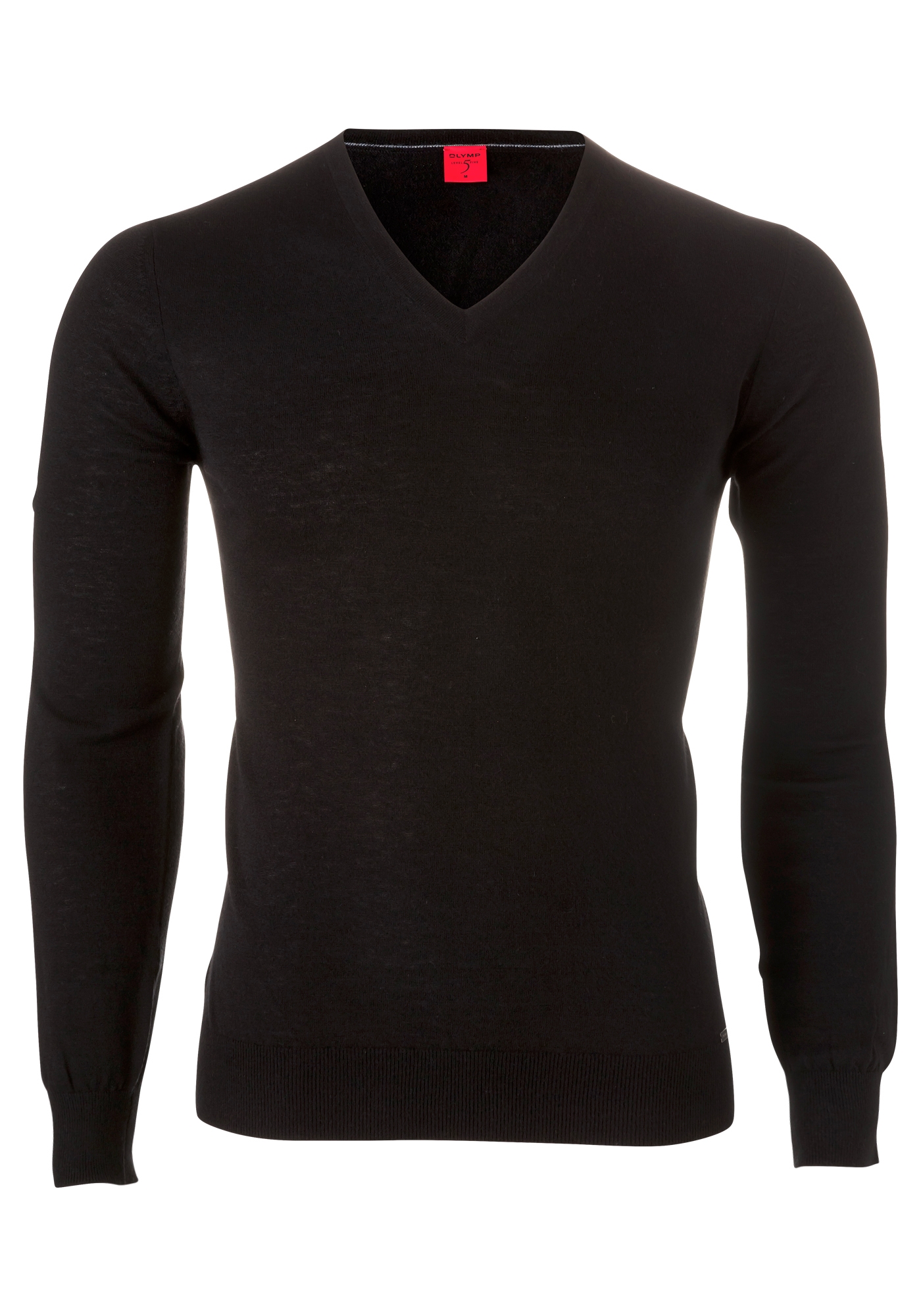 OLYMP Level 5 body fit trui wol met zijde, V-hals, zwart