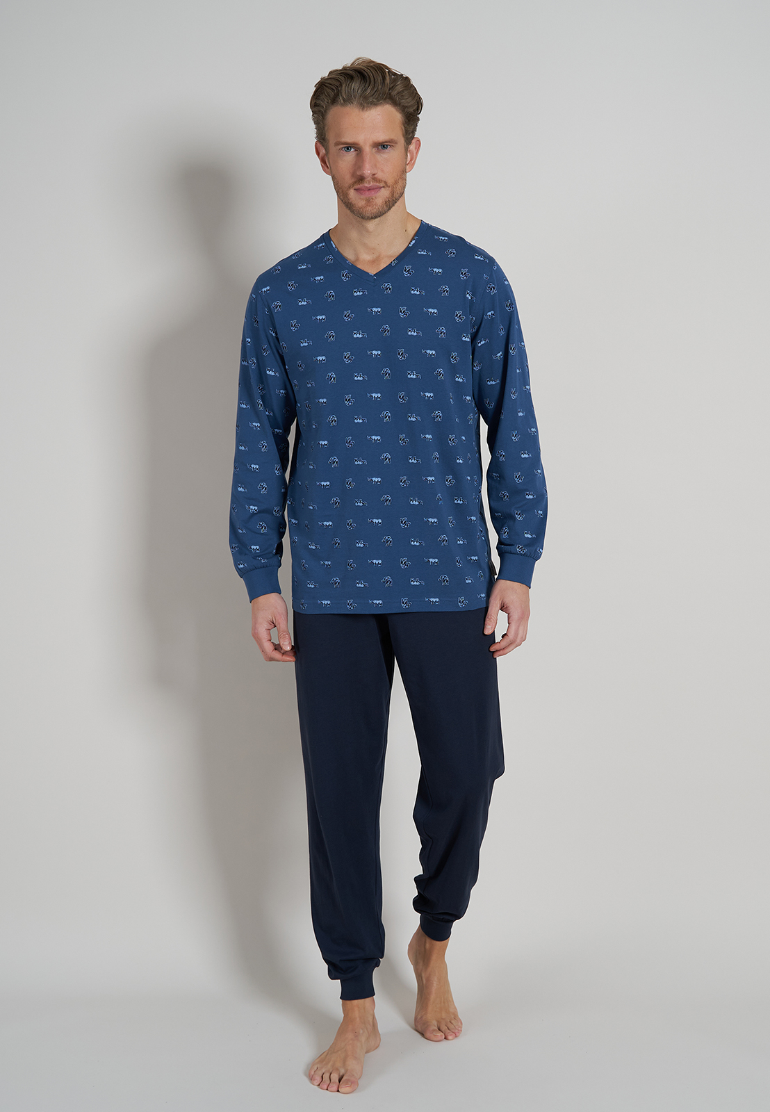 Ceceba heren pyjama V-hals, middenblauw dessin