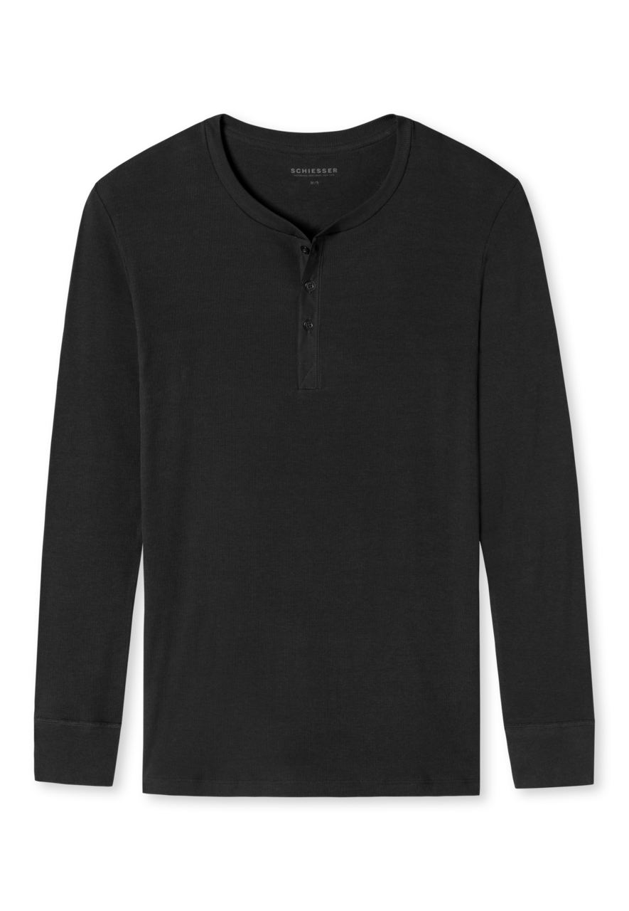 SCHIESSER Retro Rib T-shirt (1-pack), heren shirt lange mouwen dubbelrib biologisch katoen knoopsluiting zwart