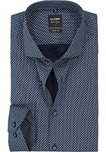 OLYMP Level 5 body fit overhemd, mouwlengte 7, donkerblauw met lichtblauw en wit dessin