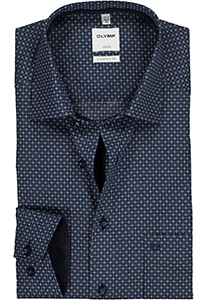 OLYMP Luxor comfort fit overhemd, mouwlengte 7, donkerblauw met wit en lichtblauw dessin (contrast)