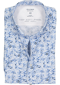OLYMP Luxor modern fit overhemd 24/7, korte mouw, blauw met wit tricot dessin