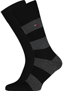 Tommy Hilfiger Rugby Stripe Socks (2-pack), herensokken katoen gestreept en uni, zwart met grijs