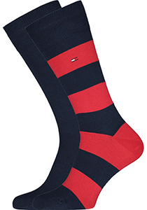 Tommy Hilfiger Rugby Stripe Socks (2-pack), herensokken katoen gestreept en uni, blauw met rood
