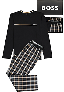 HUGO BOSS Urban Long Set, heren pyjamaset, zwart met geruite broek in cadeauverpakking