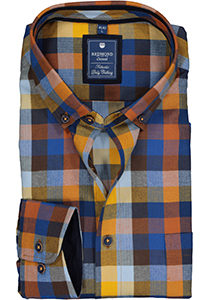 Redmond regular fit overhemd, visgraad, blauw met bruin en geel geruit (contrast)
