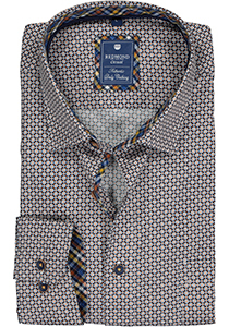 Redmond regular fit overhemd, poplin, wit met blauw en bruin dessin (contrast)