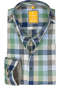 Redmond modern fit overhemd, herringbone, blauw met groen en wit geruit