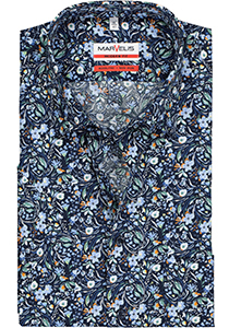 MARVELIS modern fit overhemd, korte mouw, popeline, blauw met gekleurde bloemen dessin