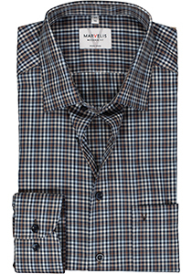 MARVELIS modern fit overhemd, twill, blauw, wit en bruin geruit