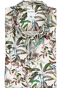 OLYMP Luxor comfort fit overhemd, korte mouw, wit met groen bladeren dessin