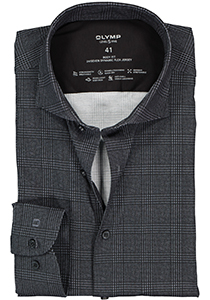 OLYMP Level 5 body fit overhemd 24/7, mouwlengte 7 tricot, zwart met grijze Prince de Galles ruit (contrast)