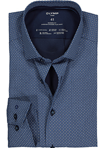 OLYMP 24/7 modern fit overhemd, twill, donkerblauw met wit en lichtblauw dessin