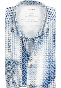 OLYMP 24/7 modern fit overhemd, tricot, wit met blauw en beige dessin (contrast)