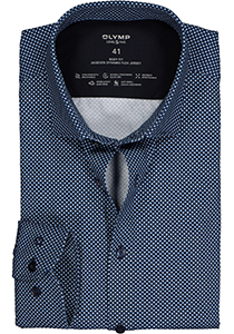 OLYMP 24/7 Level 5 body fit overhemd, tricot, donkerblauw met wit en lichtblauw dessin (contrast)