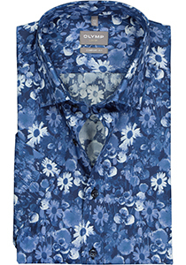 OLYMP comfort fit overhemd, korte mouw, popeline, donker- met lichtblauw bloemen dessin