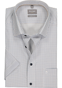 OLYMP comfort fit overhemd, korte mouw, popeline, wit met blauw en beige blokjes dessin