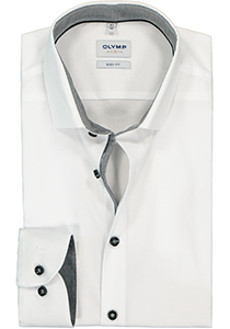 OLYMP Level 5 body fit overhemd, popeline, wit met zwarte knoopjes (contrast)