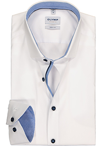 OLYMP Level 5 body fit overhemd, popeline, wit met blauwe knoopjes (contrast)