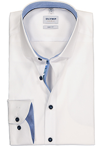 OLYMP Level 5 body fit overhemd, mouwlengte 7, popeline, wit met blauwe knoopjes (contrast)