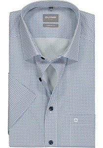 OLYMP comfort fit overhemd, korte mouw, popeline, wit met licht- en donkerblauw dessin