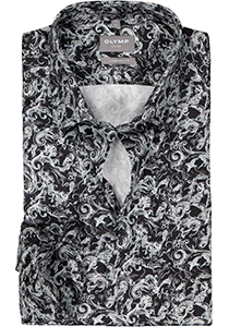 OLYMP comfort fit overhemd, satijnbinding, zwart met wit en grijs dessin