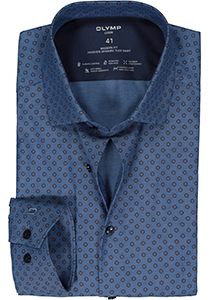 OLYMP 24/7 modern fit overhemd, twill, blauw met roestbruin dessin