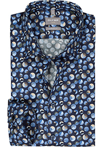OLYMP comfort fit overhemd, satijnbinding, blauw met bruin dessin