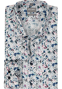 OLYMP comfort fit overhemd, popeline, wit met blauw en roze bloemen dessin