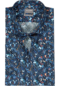 OLYMP comfort fit overhemd, korte mouw, popeline, donkerblauw bloemen dessin