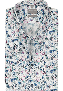 OLYMP comfort fit overhemd, korte mouw, popeline, wit met blauw en roze bloemen dessin