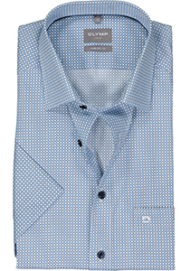 OLYMP comfort fit overhemd, korte mouw, popeline, wit met blauw dessin