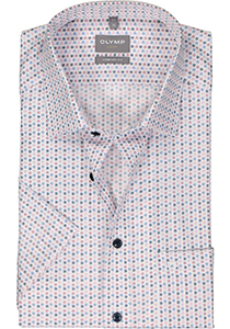 OLYMP comfort fit overhemd, korte mouw, popeline, wit met blauw en roze dessin