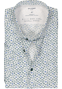 OLYMP 24/7 modern fit overhemd, korte mouw, dynamic flex, wit met blauw en groen bloemen dessin