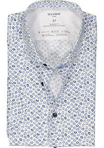 OLYMP 24/7 modern fit overhemd, korte mouw, dynamic flex, blauw met wit bloemen dessin