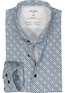 OLYMP 24/7 modern fit overhemd, tricot, blauw met beige en wit dessin
