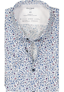 OLYMP 24/7 modern fit overhemd, korte mouw, dynamic flex, wit met blauw bloemetjes dessin