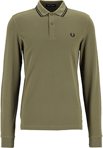 Fred Perry M3636 long sleeved twin tipped shirt, heren polo lange mouwen, Uniform Green / Black
