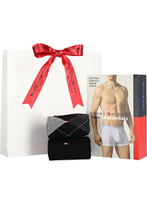 Heren cadeauset: 3 Tommy Hilfiger boxershorts + Tommy Hilfiger sokken klassiek geruit zwart