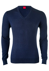 OLYMP Level 5 body fit trui wol met zijde, V-hals, marine blauw